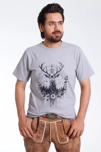Ash Grey Mens Tee with Abstract Antler Deer Print