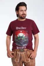 Maroon Bavarian T Shirt with Stag and Mountain Graphic