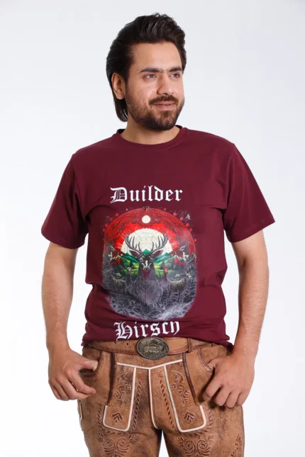 Maroon Bavarian T Shirt with Stag and Mountain Graphic