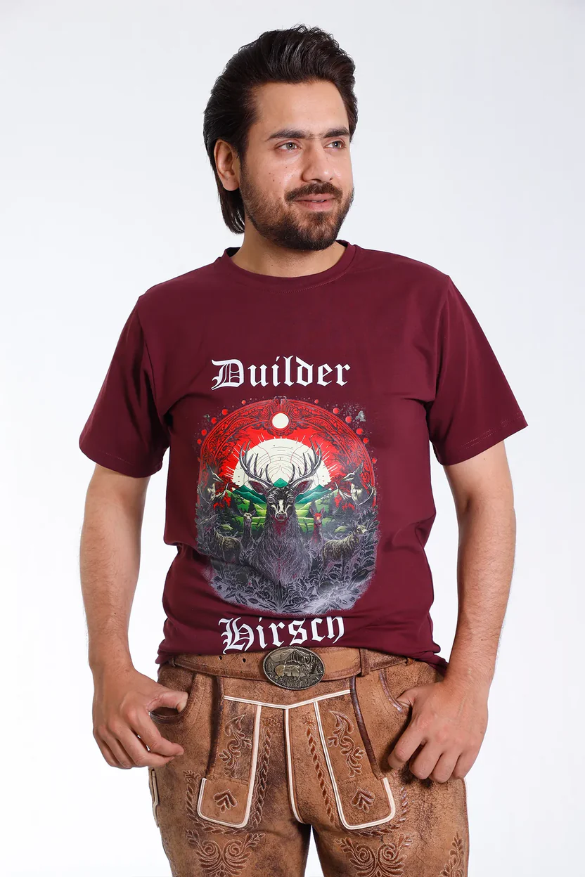 Maroon Bavarian T Shirt with Stag and Mountain Graphic Maroon Bavarian T Shirt with Stag and Mountain Graphic